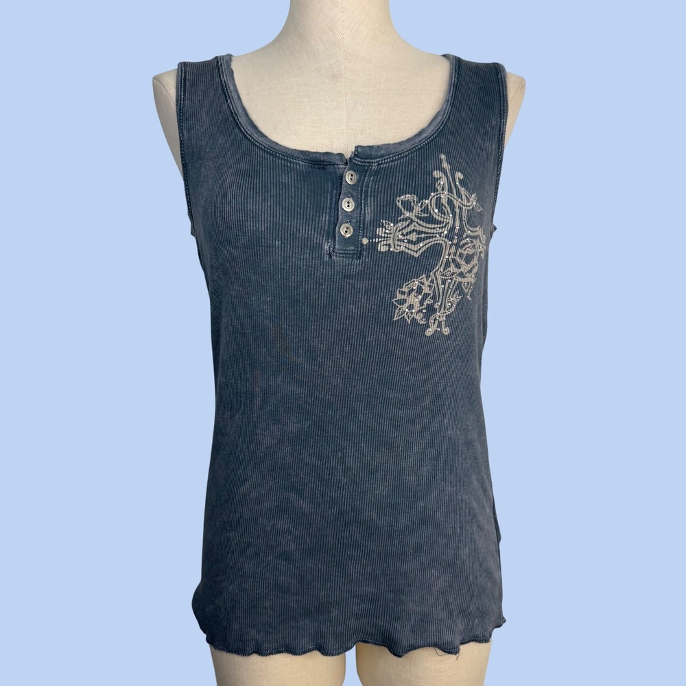 One World XL Blue Mineral Wash Ribbed Henley Tank Rhinestone Graphic Y2K Biker